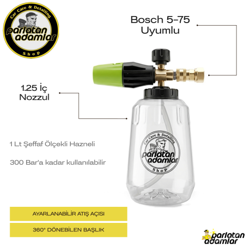                                                                                                                               Parlatan Adamlar Bosch 5-75 Uyumlu Snow Foam Lance – Şeffaf Hazneli Köpük Yapıcı Aparat ( 1.25 Nozzul )
